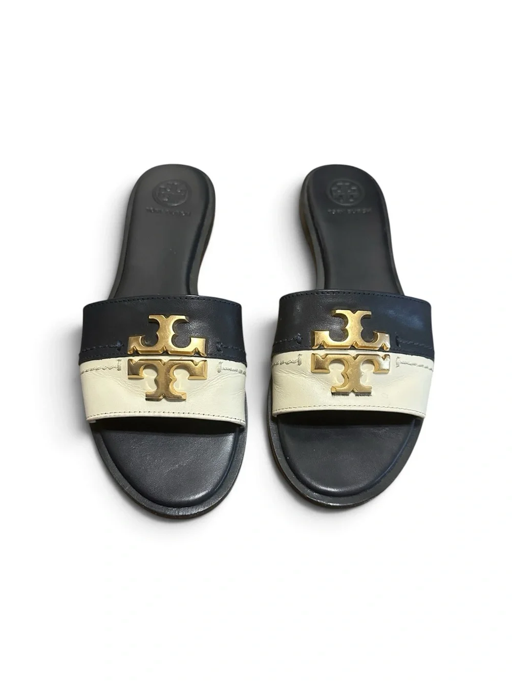Tory Burch Black and Cream Logo Slide Sandals